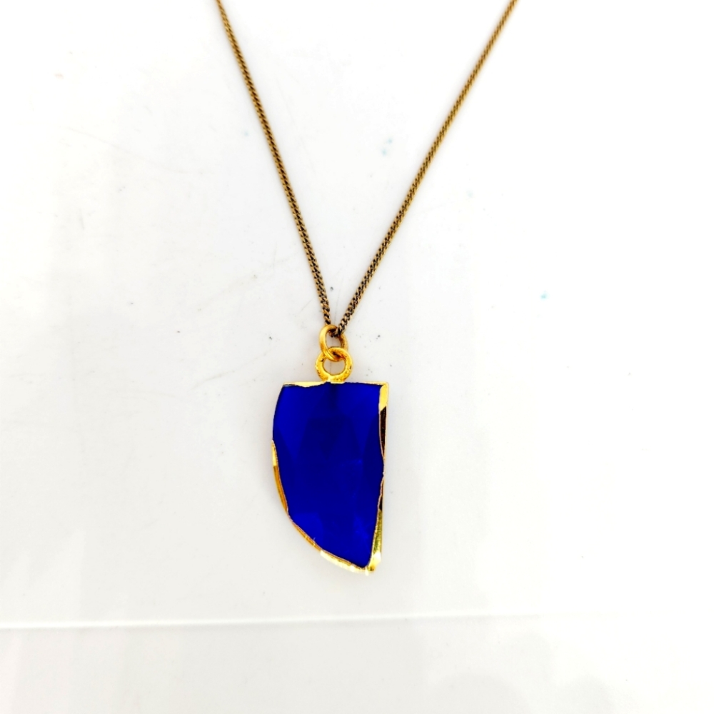 Vtg Blue Chalcedony Lapiz Look Necklace 925 Sterling Silver Gold Plated Jewelry